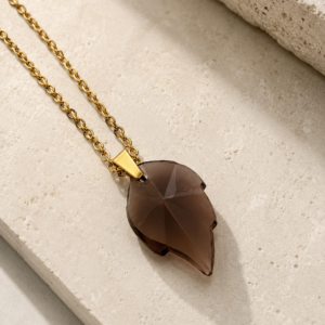Crystal Brown Leaf Pendant Essence - Stainless Steel