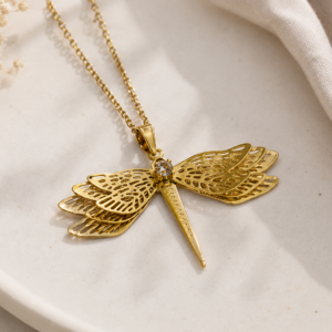 Golden Dragonfly 3D Necklace - Stainless Steel