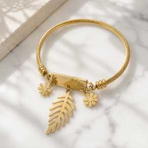 Gold Leaf Bracelet - Golden Foliage Charm Stainless Steel Bangle