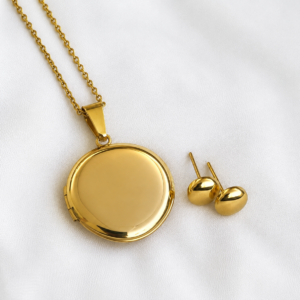 Gold Circle Locket Pendant Set