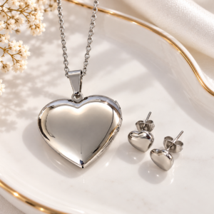 Silver Heart Locket Jewelry Set