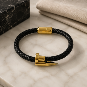 Sleek Noir Black Leather Bracelet - Stainless Steel
