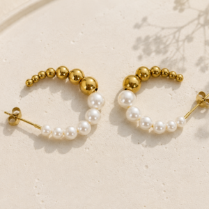 Pearl Beads Earring - Gold and Pearl Design Stainless Steel
