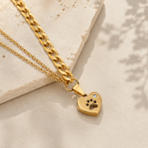 Gold Heart Paw Print Pendant Necklace - Stainless Steel